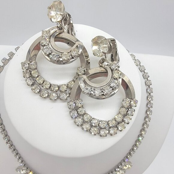 Vintage Stunning Costume Runway Clear Gems Rhinestone Necklace Earrings Set Glam - Picture 5 of 9
